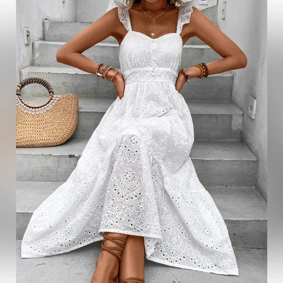 Dresses | Boho White Eyelet Embroidery Lace Ruffle Tiered Dress | Poshmark